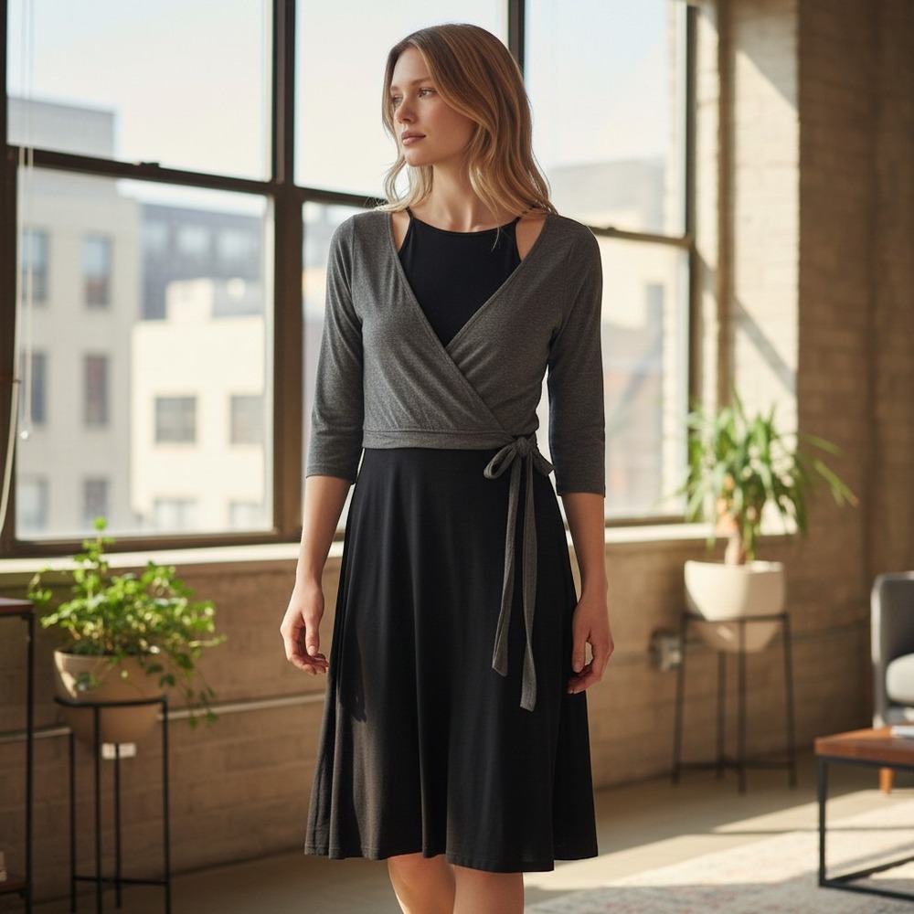 Bailey/44 Corps de Ballet Grey Black Faux Wrap Layered Midi Dress ANT-R382 XS